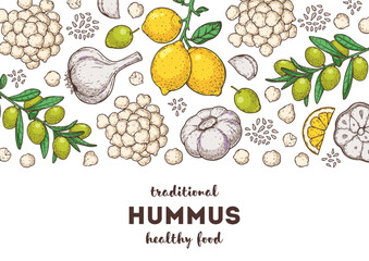 Hummus packaging design template. Cooking and ingredients for hummus. Sketch illustration. Middle eastern cuisine frame. Healthy food recipe, design elements. Hand drawn, package design.