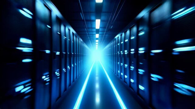 A futuristic server room with long rows of high-tech servers illuminated by cool blue lights. The image portrays a sense of advanced technology, data storage, and the digital infrastructure.