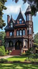 Victorian architecture with intricate details on a towering manor, victorian architecture, historical elegance and style