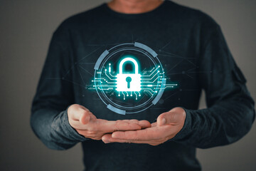 Cybersecurity and privacy protection network security computer and safe data concept. Businessmen protect personal data information from viruses with virtual screen interfaces.