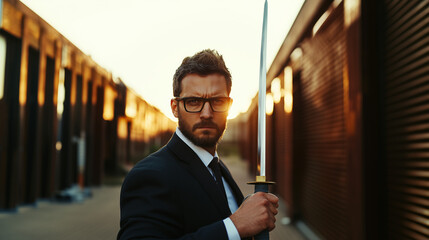 businessman in suit holding sword in his hand
