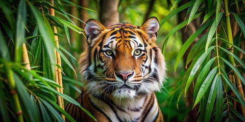 Fototapeta premium A majestic tiger camouflaged among dense bamboo in a lush jungle setting