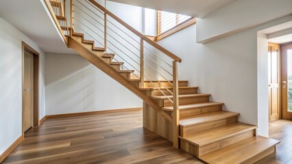 Fototapeta premium Wooden staircase in an apartment with steps and handrail