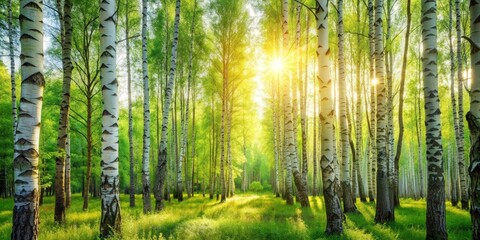Obraz premium Sunlight filtering through lush green trees in a sunny birch forest during summer