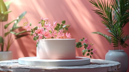 Fototapeta premium Beautiful Cake with Pink Flowers, Vibrant Floral Backdrop for Celebrations and display product.