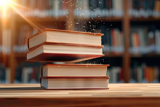 A librarian shelving books in a quiet, sunlit library with dust particles dancing in the air Wideangle shot, calm atmosphere, warm light tones