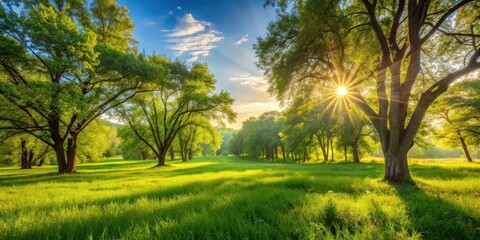 Fototapeta premium Radiant sunlight filtering through lush green trees and grass in a stunning landscape