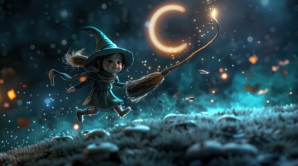 Naklejka premium A whimsical scene of a witch in a hat with a broomstick, glowing moonlight and stars creating a magical nighttime atmosphere.