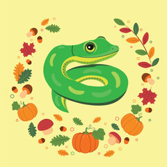 Illustration on an autumn theme, oak leaves, aspen leaves, pumpkins, natural colors, Green snake, Light background