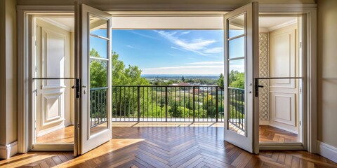 Fototapeta premium Opened doors of a classic house balcony with a view of the surrounding neighborhood