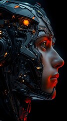 Cyborg with glowing orange eyes and red lighting on face