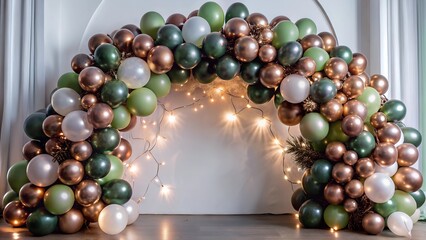 A green balloon arch adorned with fairy lights woven through the balloons on white background