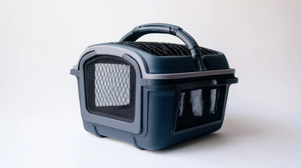 A pet carrier, isolated against a white backdrop.