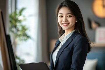 Young Asian business woman smiling and holding a laptop in an office. Korean young female real estate agent wearing a dark blue suit and white shirt, standing in a home and looking happy.