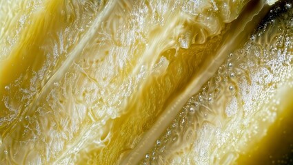 Juicy lemon pulp. Macro view of lemon flesh with visible membranes, fibers, and tiny juice-filled vesicles, creating a vibrant yellow texture.