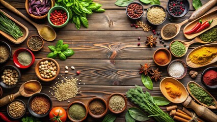 An assortment of various herbs and spices on a wooden background