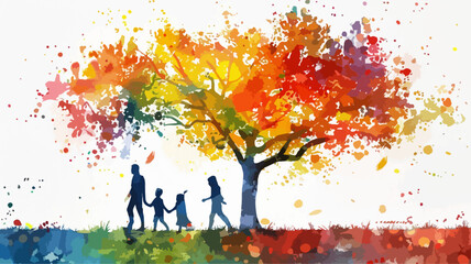 Familie Silhouette Baum Pädagogik Zusammenhalt Eltern Kinder Liebe Freiheit Freude Bunt Farben Wasserfarben Vektor