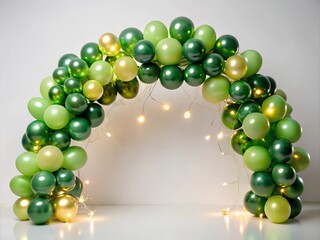 Fototapeta premium A green balloon arch adorned with fairy lights woven through the balloons on white background