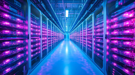 Fototapeta premium A photo shows a room full of servers, all working. The room is lit with blue and pink neon lights, making it look modern. It represents the technology used for cloud computing and storing data.