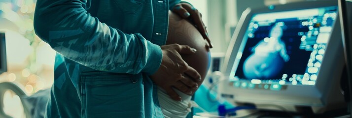 Sonogram Procedure to Pregnant Woman in Hospital, Future Mother Big Belly Closeup