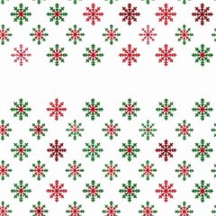 Festive red and green snowflakes in seamless repeating pattern on a white background.