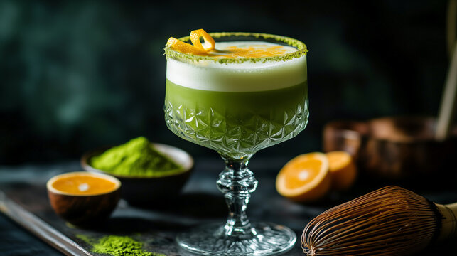 Non-alcoholic matcha yuzu mocktail served in a crystal goblet, topped with froth garnished with a matcha-dusted rim and yuzu peel twist, blending elegance and wellness. Image made using Generative AI