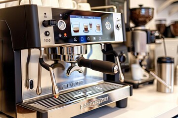 A hightech espresso machine with a touch screen showing a cleaning cycle, alongside a clean and organized barista station with shiny tools and polished surfaces