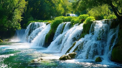 Obraz premium Cascading Waterfalls in a Lush Forest