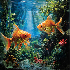 fish in an aquarium Goldfish swimming in tank Goldfish in freshwater aquarium with green beautiful planted tropical, Generative AI