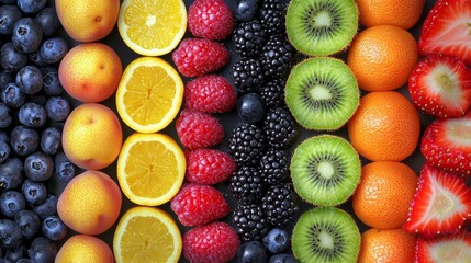 Describe how the symmetry of different fruit types and colors in this image creates visual harmony and enhances the appeal of fresh, healthy eating