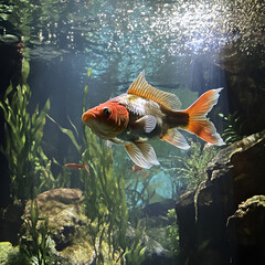 fish in an aquarium Goldfish swimming in tank Goldfish in freshwater aquarium with green beautiful planted tropical, Generative AI