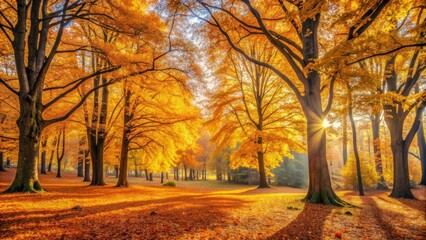 Fototapeta premium Vibrant autumn forest with golden hues and large trees creating a picturesque landscape