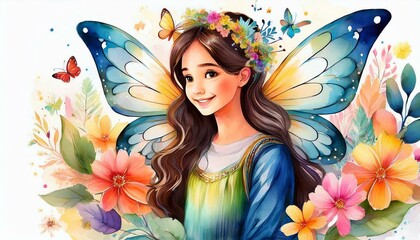 Fototapeta premium Fairy and Flowers watercolor illustration for girls