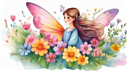 Fairy and Flowers watercolor illustration for girls