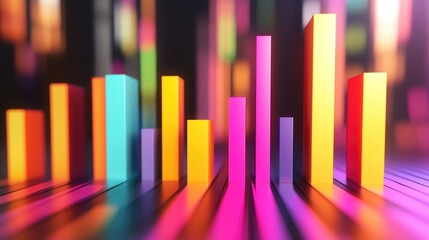 Obraz premium A 3D bar chart with multiple data series, featuring vibrant colors and shadow effects, to illustrate complex data comparisons in a dynamic and engaging manner