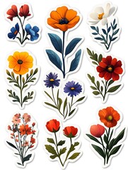 Collection of Colorful Flower Stickers with White Borders