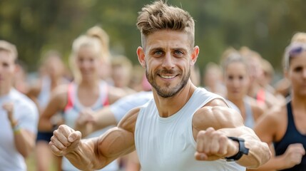 A fitness trainer leading a highenergy workout session in a city park, with participants engaging in various freestyle exercises, showcasing urban health and wellness trends