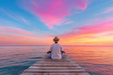 A fisherman patiently waiting on a dock as the sun sets over the ocean Wideangle shot, serene seascape, soft pastel skies