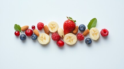 A vibrant arrangement of fresh fruits and nuts on a light background, showcasing strawberries, bananas, raspberries, and almonds.