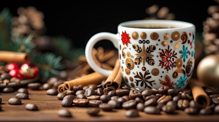 Fototapeta premium A festive holiday scene with coffee beans and spices arranged around a decorative cup, capturing the warmth and cheer of the season, focus cover all object, deep dept of field