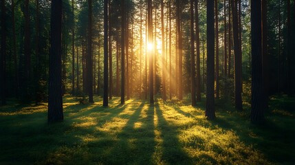 Fototapeta premium Sunbeams Illuminating a Forest Floor