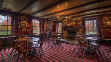Cozy rustic pub interior with wooden tables, chairs, large brick fireplace, room features tartan curtains, framed artwork, large windows showcasing autumn landscape outside, creating warm, inviting.