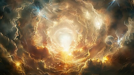 A beautiful painting of surreal heaven with a bright light shining down is surrounded by clouds and a stormy sky.