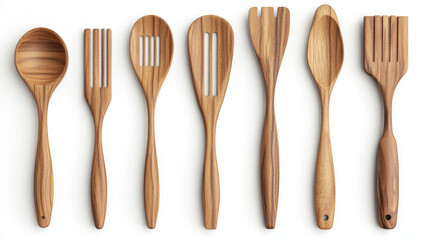 A set of wooden kitchen tools, like a spoon and spatula, are shown in a realistic 3D design.  The tools are on a white background.
