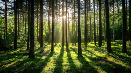 Sunlight filtering through tall trees in a lush green forest