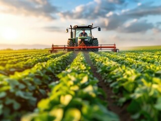 A farmer harvesting crops with a modern tractor, sunny day, wideangle shot, vibrant fields, sense of efficiency, sustainable agriculture, earthy tones,