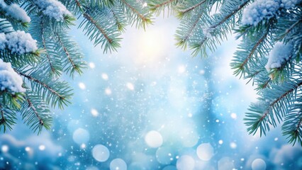 A serene winter background featuring snow-covered fir tree branches with empty space for text