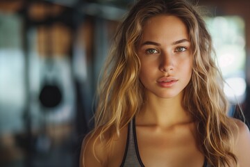 Fototapeta premium Young blonde woman in gym wear, with natural look, standing confidently in a blurred fitness background.