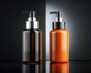 Naklejka premium Mockup of luxury cosmetic products, including sleek bottles and containers, displayed elegantly on a matte black background with soft lighting