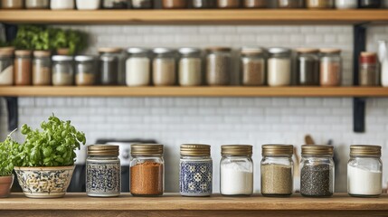 A beautifully arranged spice rack featuring various salts and seasonings in decorative jars, set against a backdrop of a well-organized kitchen shelf.